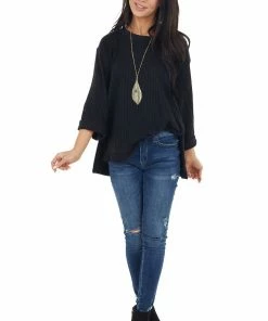 Umgee Tops Black Ribbed Loose Knit Top With Wide Sleeves