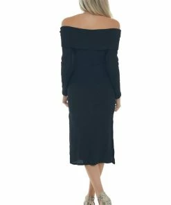 L Love Black Ribbed Off Shoulder Bodycon Midi Dress Dresses