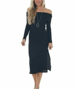 L Love Black Ribbed Off Shoulder Bodycon Midi Dress Dresses