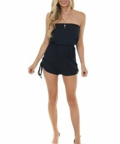 LE LIS Black Ribbed Ruched Strapless Romper