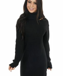 Lovestitch Dresses Black Ribbed Turtleneck Mini Sweater Dress With Cutout
