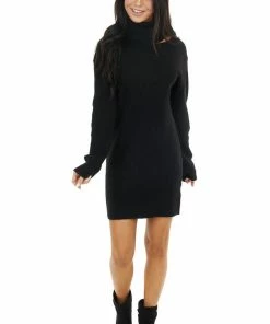 Lovestitch Dresses Black Ribbed Turtleneck Mini Sweater Dress With Cutout