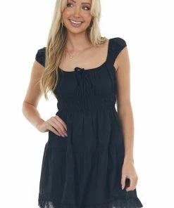 HYFVE Dresses Black Ruched Bust Sleeveless Ruffle Hem Dress