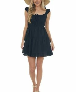 HYFVE Dresses Black Ruched Bust Sleeveless Ruffle Hem Dress 10 HYFVE Dresses Black Ruched Bust Sleeveless Ruffle Hem Dress