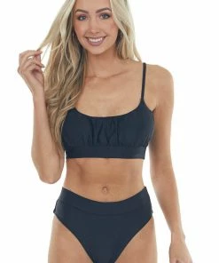 Mermaid Swimwear Black Ruched Scoop Neck High Leg Bikini Set Accessories
