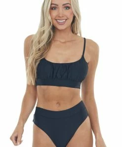 Mermaid Swimwear Black Ruched Scoop Neck High Leg Bikini Set Accessories