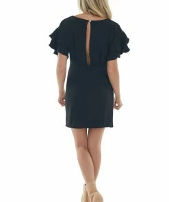 She + Sky Dresses Black Ruffle Sleeve Blouson Sheath Dress 21 She + Sky Dresses Black Ruffle Sleeve Blouson Sheath Dress