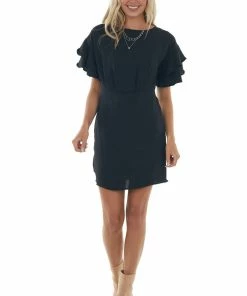 She + Sky Dresses Black Ruffle Sleeve Blouson Sheath Dress