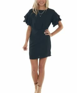 She + Sky Dresses Black Ruffle Sleeve Blouson Sheath Dress 18 She + Sky Dresses Black Ruffle Sleeve Blouson Sheath Dress