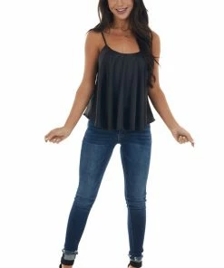 She + Sky Black Satin Flowy Round Neckline Tank Top Tops