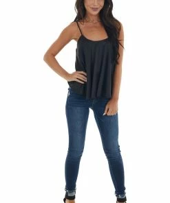 She + Sky Black Satin Flowy Round Neckline Tank Top Tops