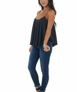 She + Sky Black Satin Flowy Round Neckline Tank Top Tops