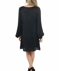 Caramela Black Satin Relaxed Fit Dress With Long Bubble Sleeves Dresses 23 Caramela Black Satin Relaxed Fit Dress With Long Bubble Sleeves Dresses