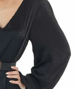 Caramela Black Satin Relaxed Fit Dress With Long Bubble Sleeves Dresses 24 Caramela Black Satin Relaxed Fit Dress With Long Bubble Sleeves Dresses