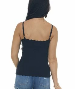 BiBi Tops Black Scalloped Ribbed Knit Tank Top
