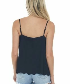 CY Fashion Black Scalloped Trim Woven Tank Top