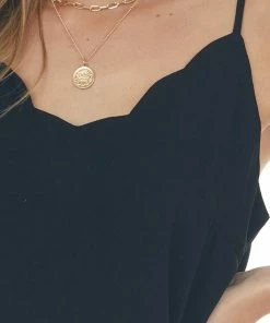 CY Fashion Black Scalloped Trim Woven Tank Top