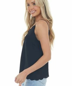 CY Fashion Black Scalloped Trim Woven Tank Top