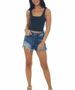 By Together Black Seamless Ribbed Knit Cropped Tank Top Tops