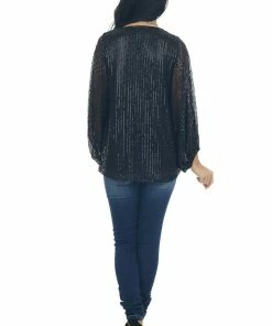 Vine & Love Black Sequin Long Bubble Sleeve Blouse