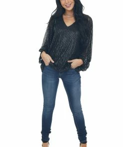 Vine & Love Black Sequin Long Bubble Sleeve Blouse