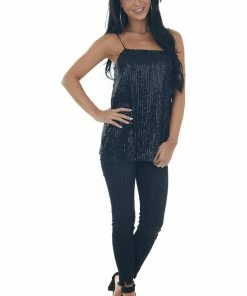 143 Story Tops Black Sequin Square Neck Adjustable Strap Tank 22 143 Story Tops Black Sequin Square Neck Adjustable Strap Tank