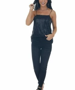 143 Story Tops Black Sequin Square Neck Adjustable Strap Tank 20 143 Story Tops Black Sequin Square Neck Adjustable Strap Tank
