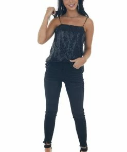 143 Story Tops Black Sequin Square Neck Adjustable Strap Tank