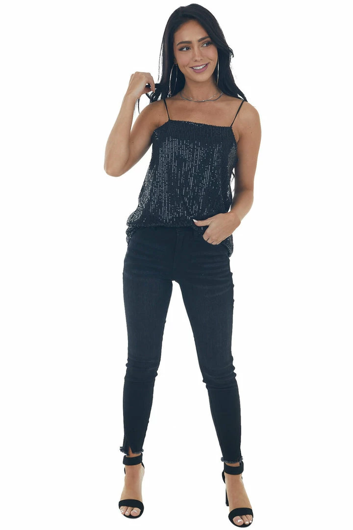 143 Story Tops Black Sequin Square Neck Adjustable Strap Tank 4 143 Story Tops Black Sequin Square Neck Adjustable Strap Tank