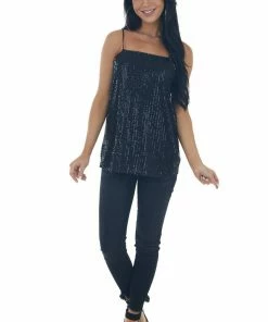 143 Story Tops Black Sequin Square Neck Adjustable Strap Tank 21 143 Story Tops Black Sequin Square Neck Adjustable Strap Tank