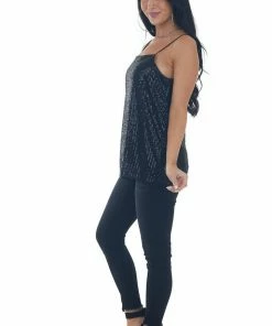 143 Story Tops Black Sequin Square Neck Adjustable Strap Tank 23 143 Story Tops Black Sequin Square Neck Adjustable Strap Tank