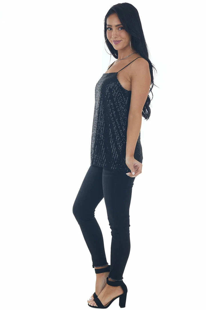 143 Story Tops Black Sequin Square Neck Adjustable Strap Tank 8 143 Story Tops Black Sequin Square Neck Adjustable Strap Tank