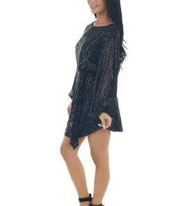 Vine & Love Dresses Black Sequined Bubble Sleeve Short Dress