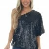 L Love Black Sequined One Shoulder Flowy Blouse