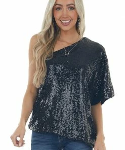 L Love Black Sequined One Shoulder Flowy Blouse