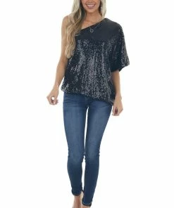 L Love Black Sequined One Shoulder Flowy Blouse
