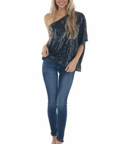 L Love Black Sequined One Shoulder Flowy Blouse