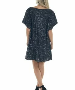 Vine & Love Black Sequined Short Flowy Sleeve Shift Dress
