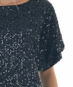 Vine & Love Black Sequined Short Flowy Sleeve Shift Dress