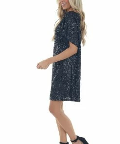 Vine & Love Black Sequined Short Flowy Sleeve Shift Dress