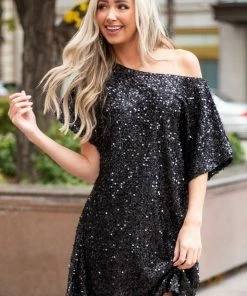 Vine & Love Black Sequined Short Flowy Sleeve Shift Dress