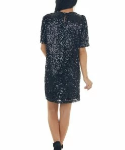 Vine & Love Dresses Black Sequined Short Puff Sleeve Shift Dress 26 Vine & Love Dresses Black Sequined Short Puff Sleeve Shift Dress
