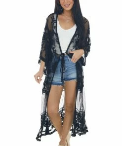 Davi & Dani Tops Black Sheer Floral Lace Maxi Kimono