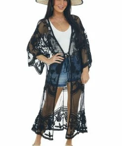 Davi & Dani Tops Black Sheer Floral Lace Maxi Kimono