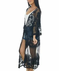 Davi & Dani Tops Black Sheer Floral Lace Maxi Kimono