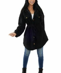 Flying Tomato Black Sherpa Button Up Longline Jacket Outerwear