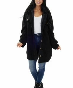 Flying Tomato Black Sherpa Button Up Longline Jacket Outerwear