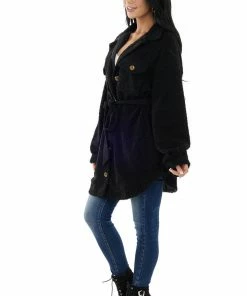 Flying Tomato Black Sherpa Button Up Longline Jacket Outerwear