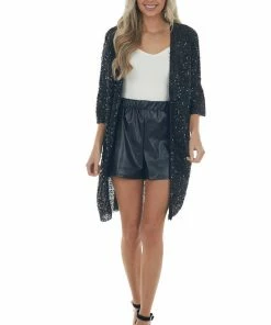 Hayden Black Shimmery Sequin Bell Sleeve Woven Kimono