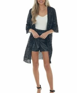 Hayden Black Shimmery Sequin Bell Sleeve Woven Kimono